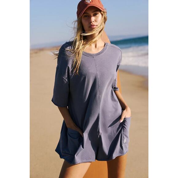 Free People Movement Hot Shot Tee Romper Blue Indigo Size Large - Picture 1 of 13